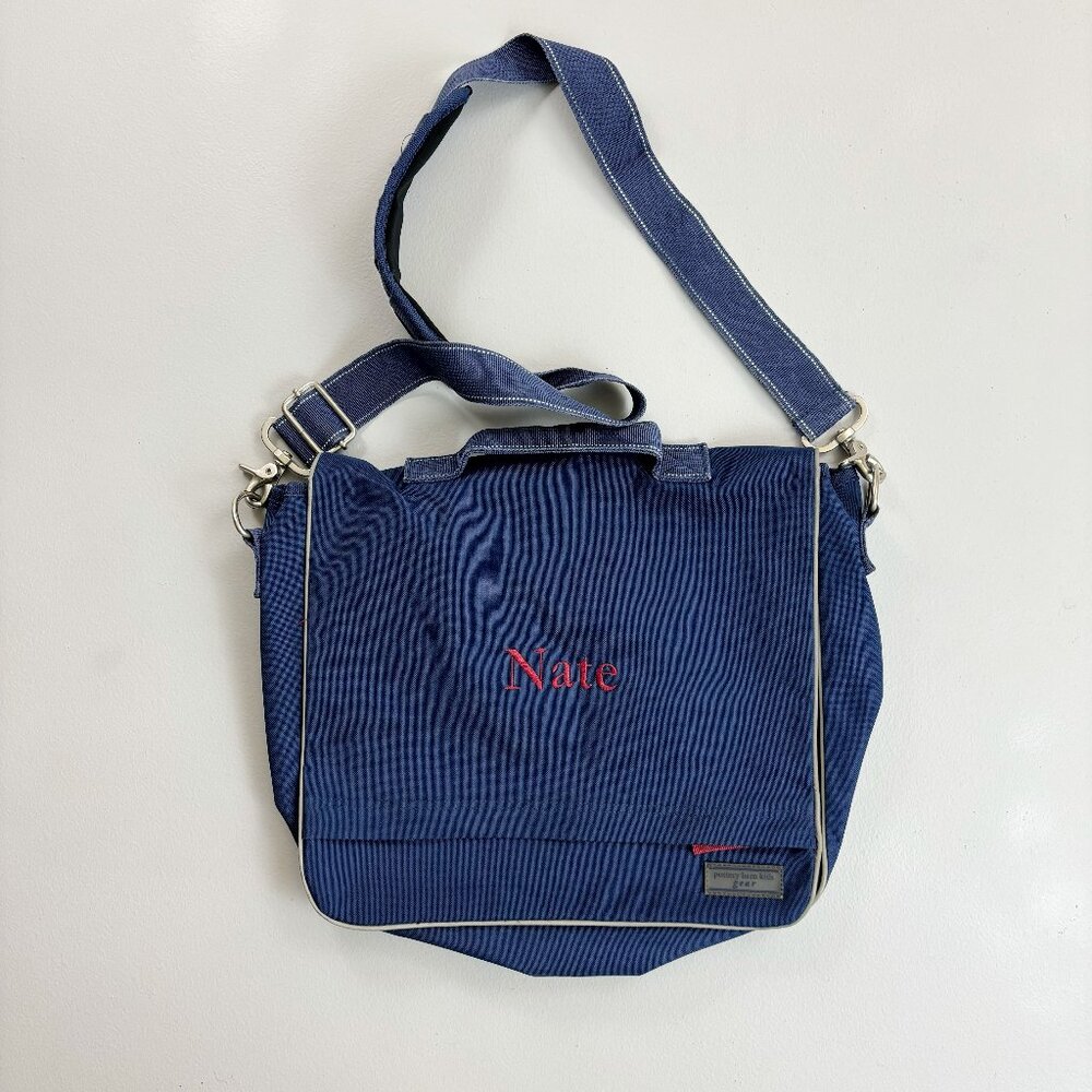 POTTERY BARN Kids Canvas Messenger Book Bag Embroidered NATE Gear Up Blue Red